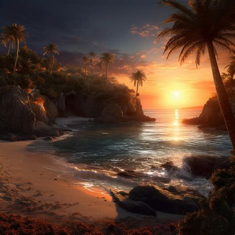 Premium AI Image | A painting of a beach with palm trees and a sunset.