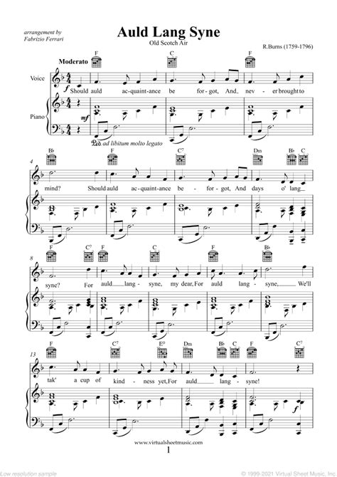 Burns - Auld Lang Syne sheet music for voice and piano [PDF]