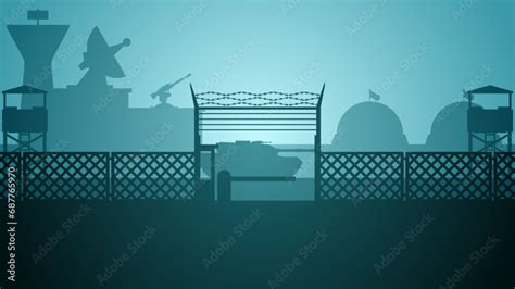 Military base landscape vector illustration. Silhouette of at military base with tank and ...