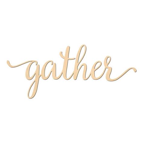 the word gather written in cursive font on a white background with gold ...