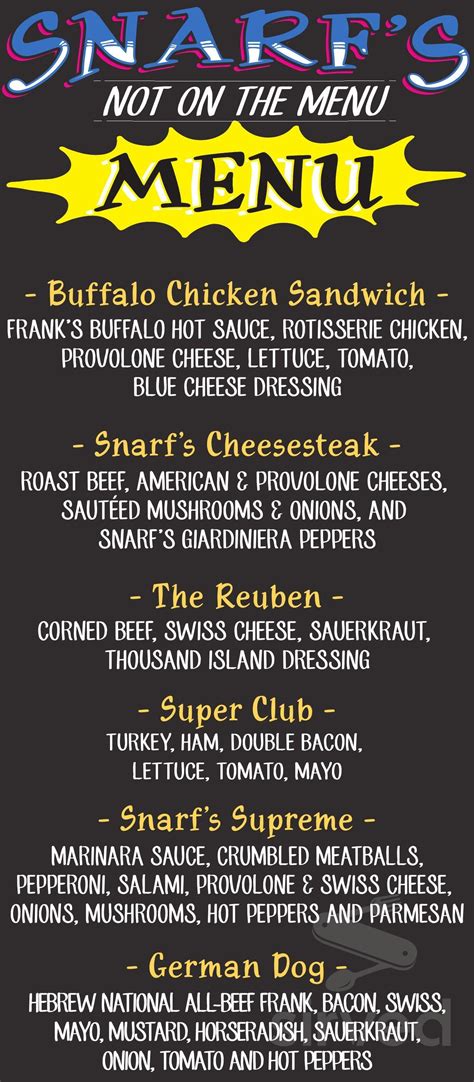 Snarf's Sandwiches menu in Denver, Colorado, USA