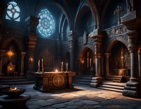 hidden templar lair with altar and stonemason symbols, intricate motifs ...