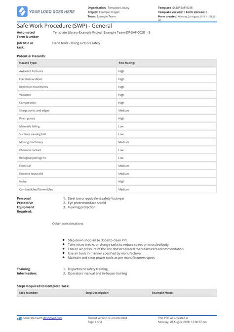 Safe Work Procedure template (SWP template) - Use it free here