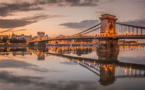 Wallpaper Hungary, Budapest, chain bridge, Danube, river, dusk, lights ...