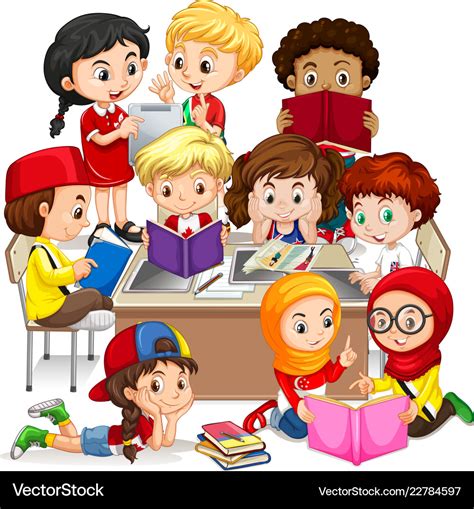 Group of international children learning Vector Image