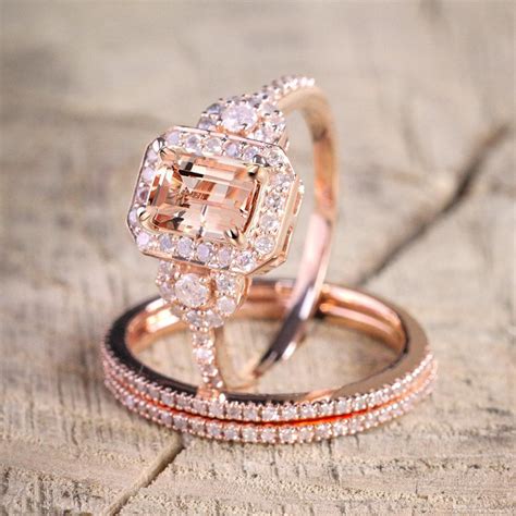 Limited Time Sale 2 carat Morganite and Diamond Trio Ring Set in 10k Rose Gold with One ...