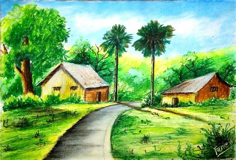 Oil Pastel Village Scene Drawing / How to draw easy scenery drawing ...