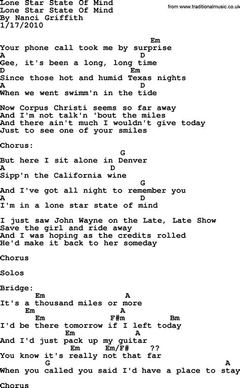 Lone Star State Of Mind - Bluegrass lyrics with chords