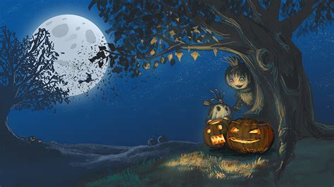 Image Fantasy Pumpkin Halloween Moon Night Trees