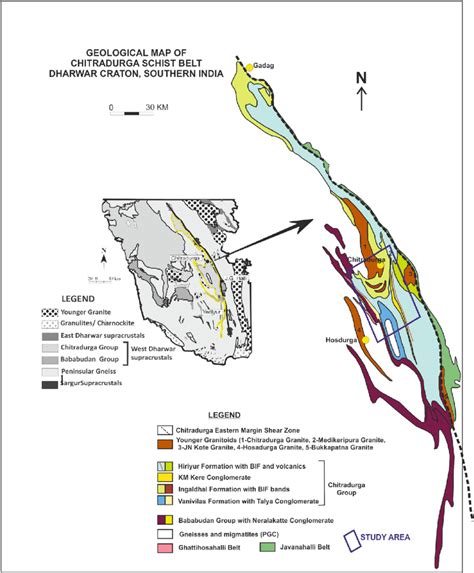 Geological map of Chitradurga Schist Belt marking the study area and ...