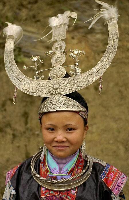 Changjiao Hmong Miao woman wearing Silver horned headdress. Xinhua News ...