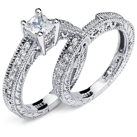 Women's Sterling Silver 925 Princess Cut Carved Bridal Set Engagement ...