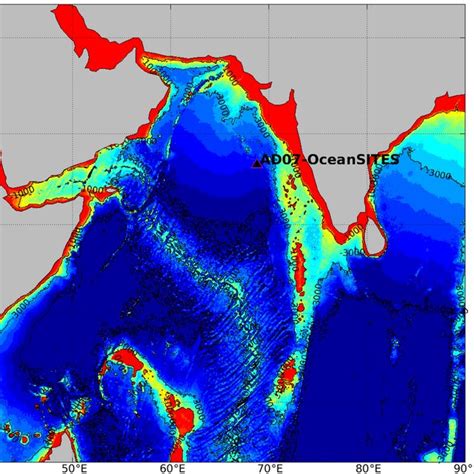 Depth of seabed (in meters) in the Arabian Sea and the surrounding ...