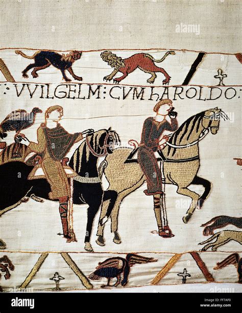 BAYEUX TAPESTRY. /nHarold (right) and Duke William of Normandy arrive at William's palace at ...