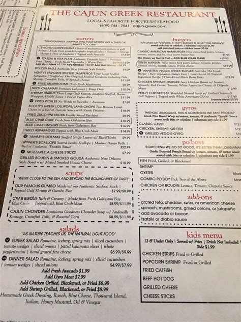 Menu at Cajun Greek restaurant, Galveston