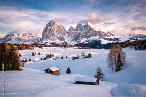 Alpe di Siusi with snow in winter, Dolomites, Italy Stock Photo | Adobe ...