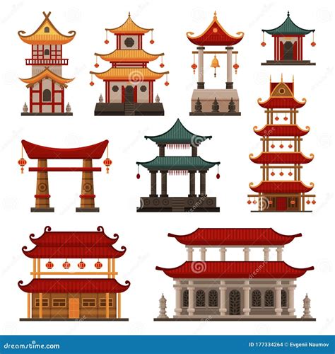 Traditional Chinese Buildings Set, Pagoda, Ancient Temple, Gate, Cultural Oriental Architecture ...