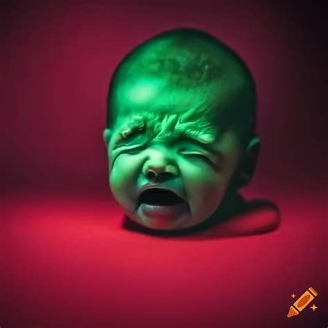 Crying infant with green, black, red triangle