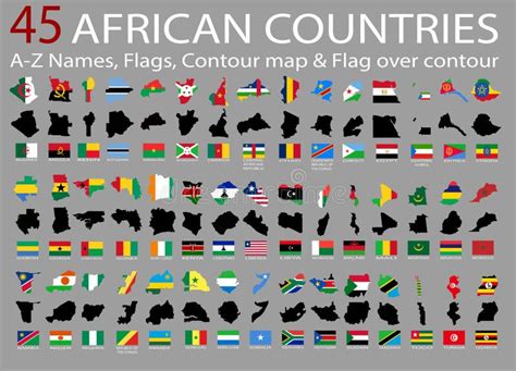 45 African Countries, a-Z Names,Flags,Contour and National Flag Over ...