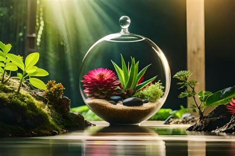 Premium Photo | A fish bowl with plants and rocks in it