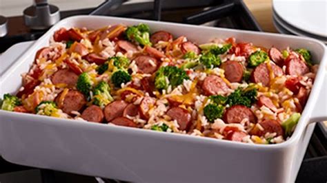 Smoked Sausage Rice & Veggie Bake | Eckrich | Rezept | Wurstreis, Geräucherte wurst rezepte ...