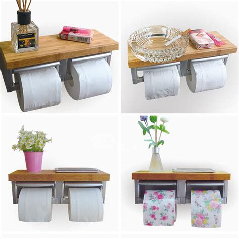 Wood Double Toilet Paper Holder With Shelf Wood ABS