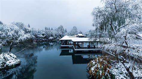 Wallpaper China, Hangzhou, park, snow, trees, lake, people, winter 5120x2880 UHD 5K Picture, Image