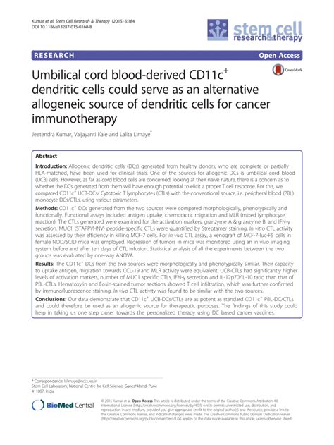 (PDF) Umbilical cord blood-derived CD11c+ dendritic cells could serve as an alternative ...