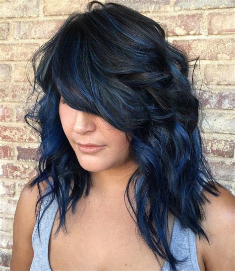 Layered Hairstyle For Blue Black Hair | Blue hair highlights, Dark blue ...