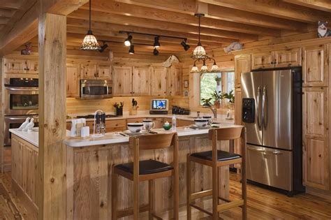 knotty-pine-kitchen-cabinets-for-rustic-kitchen-cabinets-with-barstools-and-pendant-lighting ...