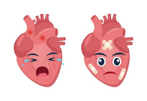 Sick heart with pain ache or disease. Sad cartoon character heart, body ...