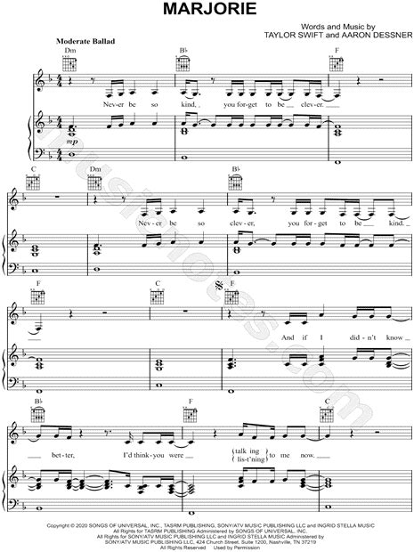 Taylor Swift "marjorie" Sheet Music in F Major - Download & Print - SKU ...