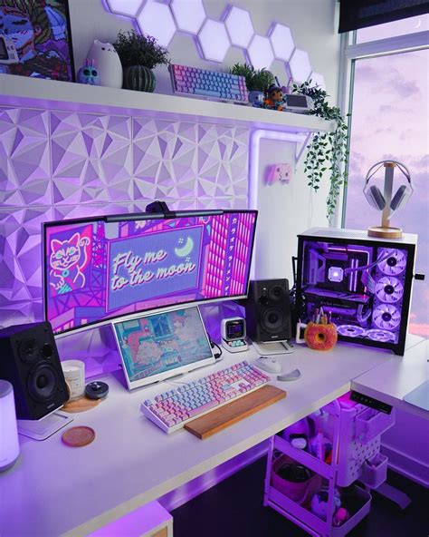 pink and purple gaming setup for inspiration for gamer girls. with neon lights, gaming computer ...