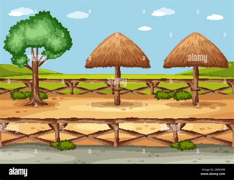 Background scene with tree and wooden fence illustration Stock Vector Image & Art - Alamy