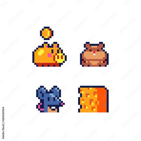 Cute animals pixel art icons set mouse and cheese, hamster, piggy bank and coin. Design for logo ...