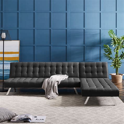 Futon Sofa Bed Queen Size, Modern Black Modular Sectional Sleeper Fabric Sofa Set With Metal ...