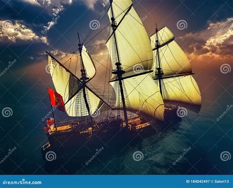 Old Ship in Sea Sunset 3d Rendering Stock Illustration - Illustration of panorama, antique ...