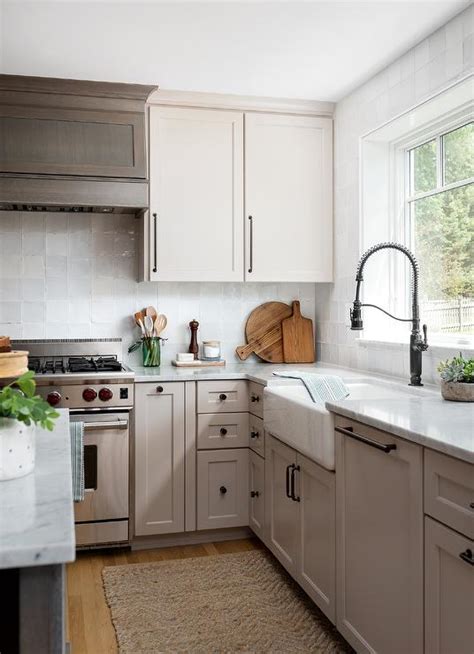 Light Taupe Kitchen Cabinets with Farmhouse Sink - Transitional - Kitchen