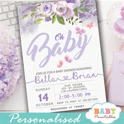 Floral Purple Butterfly Baby Shower Invitations – D234 - Baby Printables