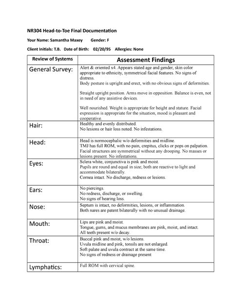 NR304 Head to toe documentation CW - NR304 Head-to-Toe Final Documentation Your Name: Samantha ...
