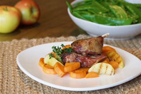 Confit Duck Leg with Sweet Potatoes, Roasted Apples and Snow Peas ...