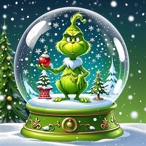 A Grinch Clipart Holding a Snow Globe Featuring a Tiny Whoville with Snowflakes Gently Falling ...