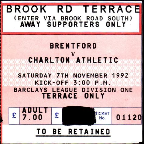 Brentford v Charlton – ticket – 1992-1993 – Brentford FC Memorabilia