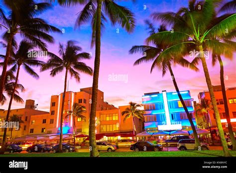 Miami Beach South Beach sunset in Ocean Drive Florida Art Deco Stock ...