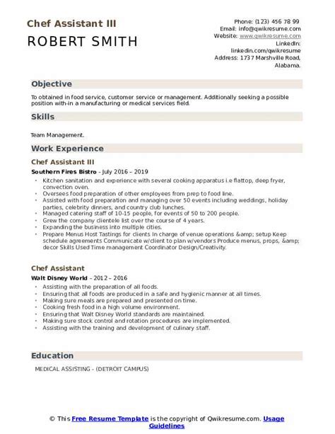 Chef Assistant Resume Samples | QwikResume