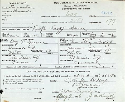 Lancaster County Family Ties : BIRTH CERTIFICATE OF RALPH GARNER