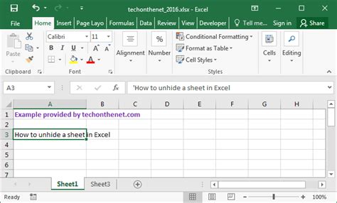 MS Excel 2016: Unhide a sheet