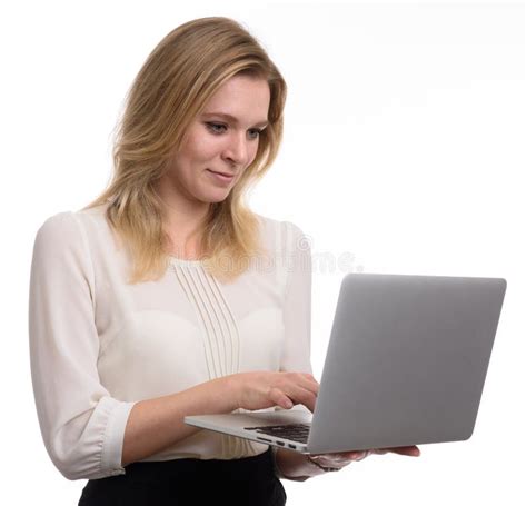 Pretty Girl Using Laptop Computer Stock Photo - Image of secretary, standing: 83734526