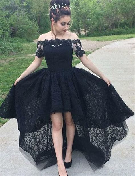 Black Lace Prom Dress High Low, Evening Gown, Graduation School Party Dress, Winter Formal D ...