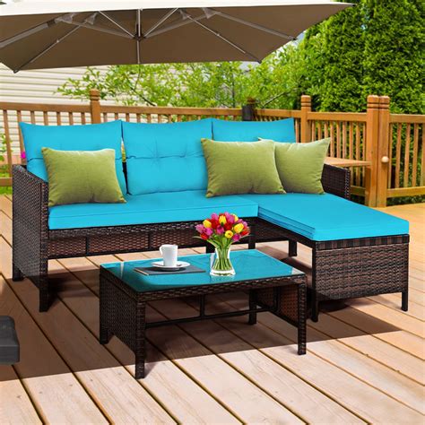 Gymax 3PCS Outdoor Rattan Furniture Set Patio Couch Sofa Set w/ Turquoise Cushion - Walmart.com